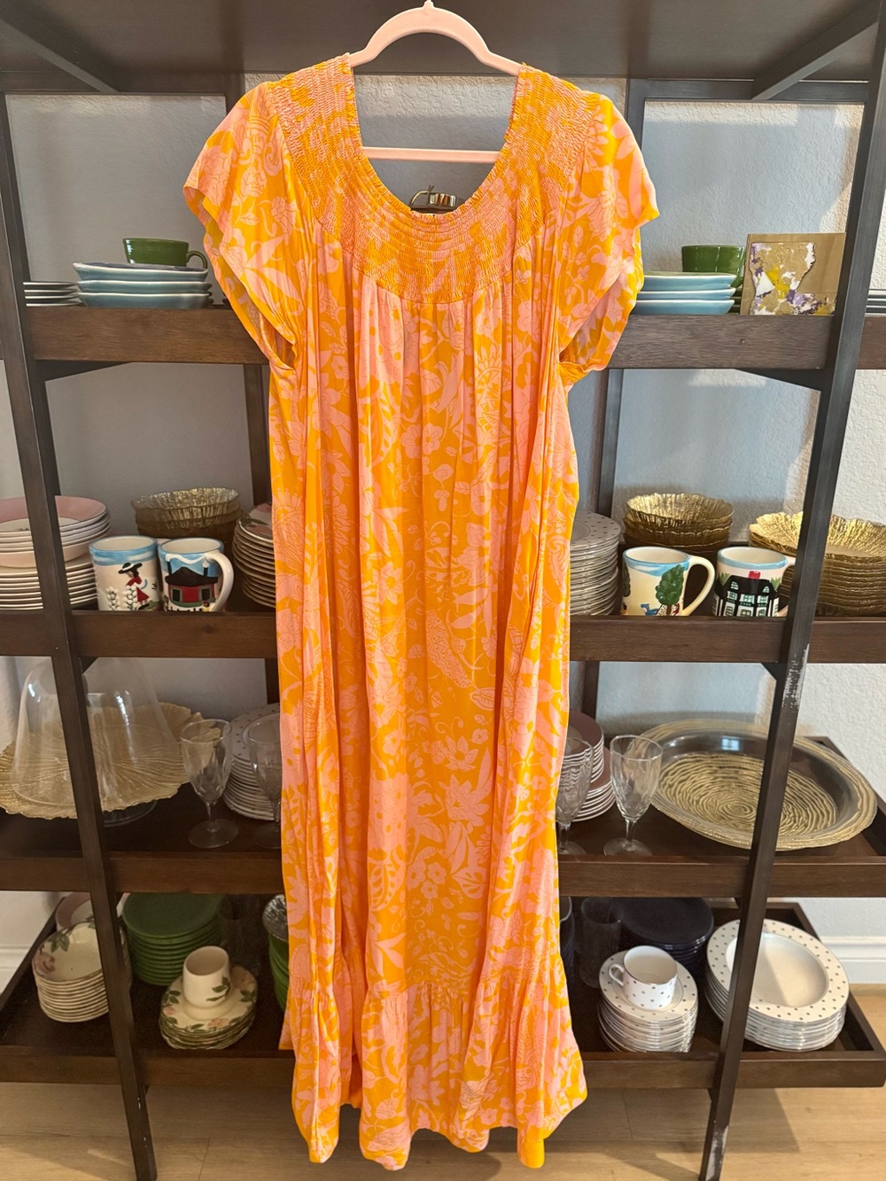 Anthropologie Orange and Pink Floral Maxi Dress